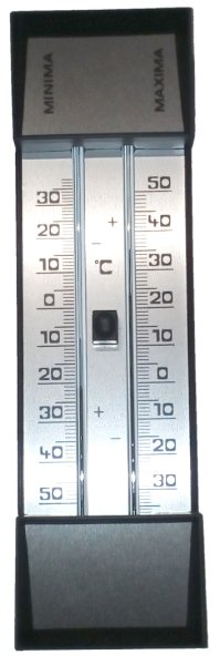 Min.-Max.-Zimmerthermometer, schwarz mit Alu-Skala u. -Zierplatten, 200*60 mm, -35 bis +50° C