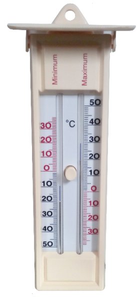 Min.-Max.-Außenthermometer, Plastikgehäuse elfenbein, mit Dach, Druckknopfmagnet, 230*90 mm, -35 bis +50° C