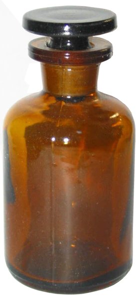 Rundschulterflasche, 50 ml, Enghals, Braunglas mit Schliffglasstopfen