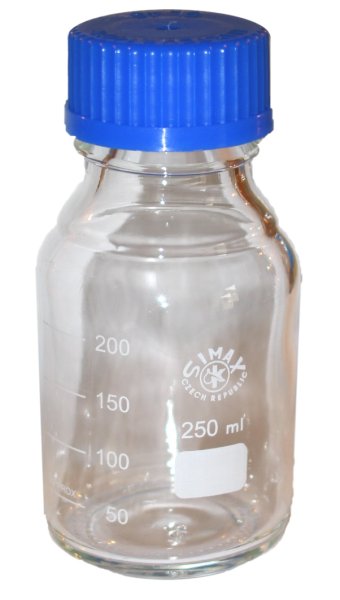 Laborflasche, Boro. 3.3, blauer Schraubverschluß, Ausgießring, 250 ml, GL 45