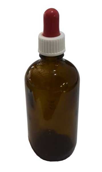 Pipettierflasche, Braunglas, GL 18, 100 ml inkl. Pipettierverschluß weiß mit roter Gummikappe
