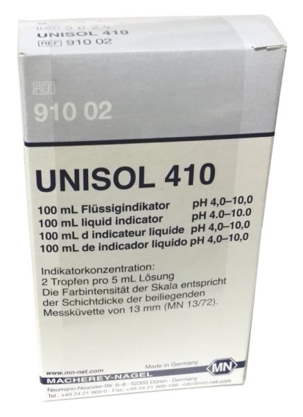 UNISOL 410 Flüssigindikator, pH 4-10, 100 ml Flasche mit Küvette und Farbskala #91002